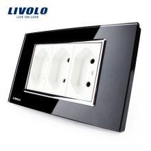 Livolo 3 Pins Brazilian/Italian Standard Socket Black Tempered Glass 10A AC 250V Wall Powerpoints VL-C3C3BIT-82